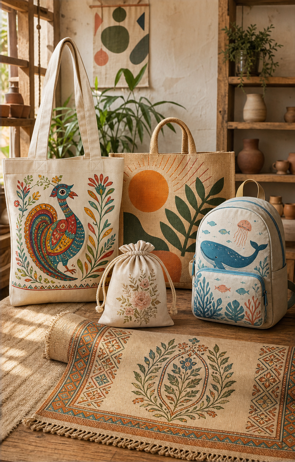 Printed tote bags, jute bags, pouches and fabric accessories
