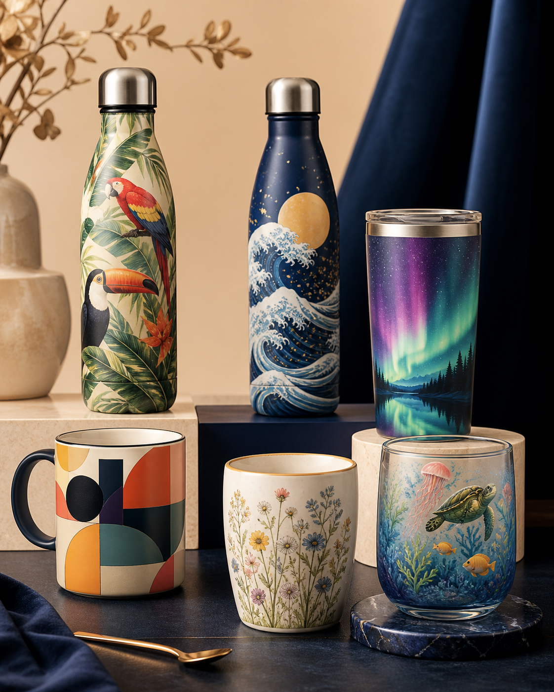 A collection of individually printed bottles, cups and tumblers