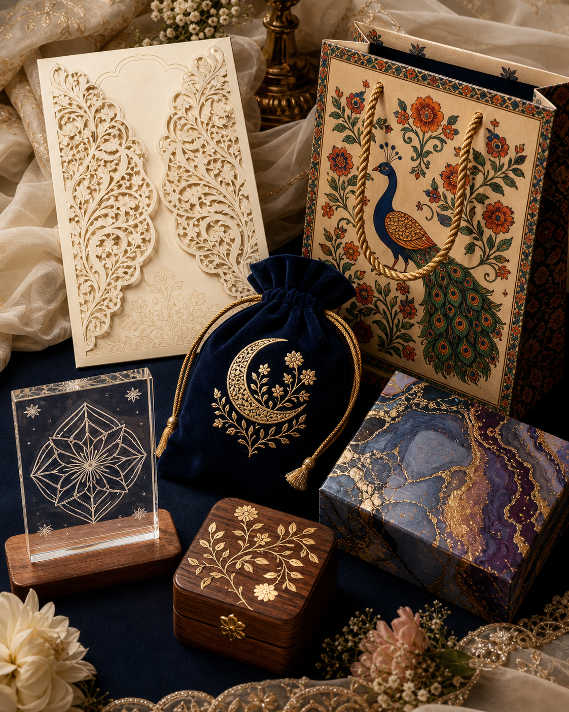 Richly designed wedding invitations, favour pouches and return gifts