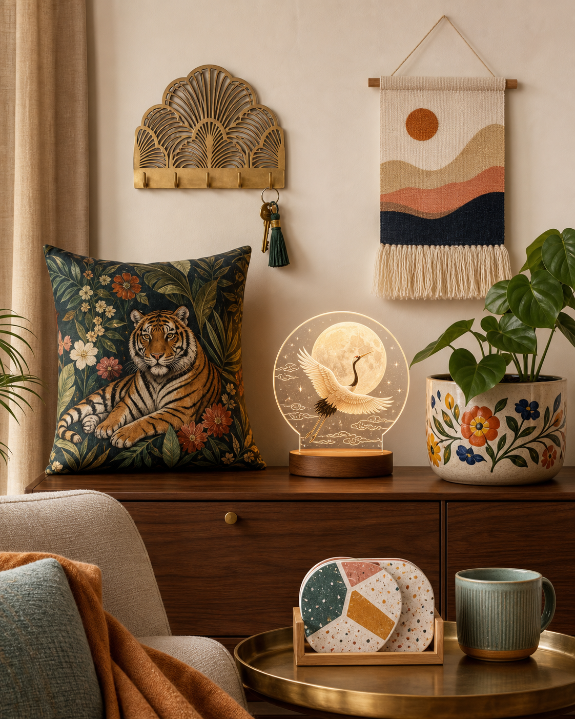 Printed cushions, coasters, lamps and home accessories