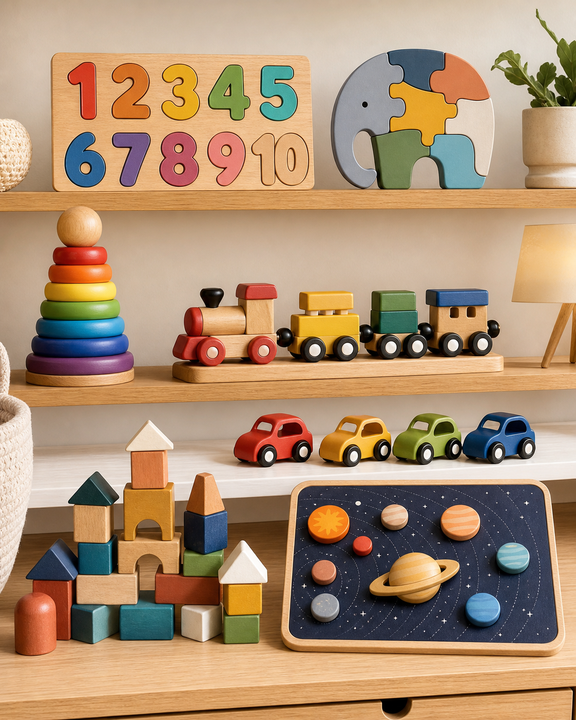 Colourful wooden learning toys, puzzles, trains and blocks
