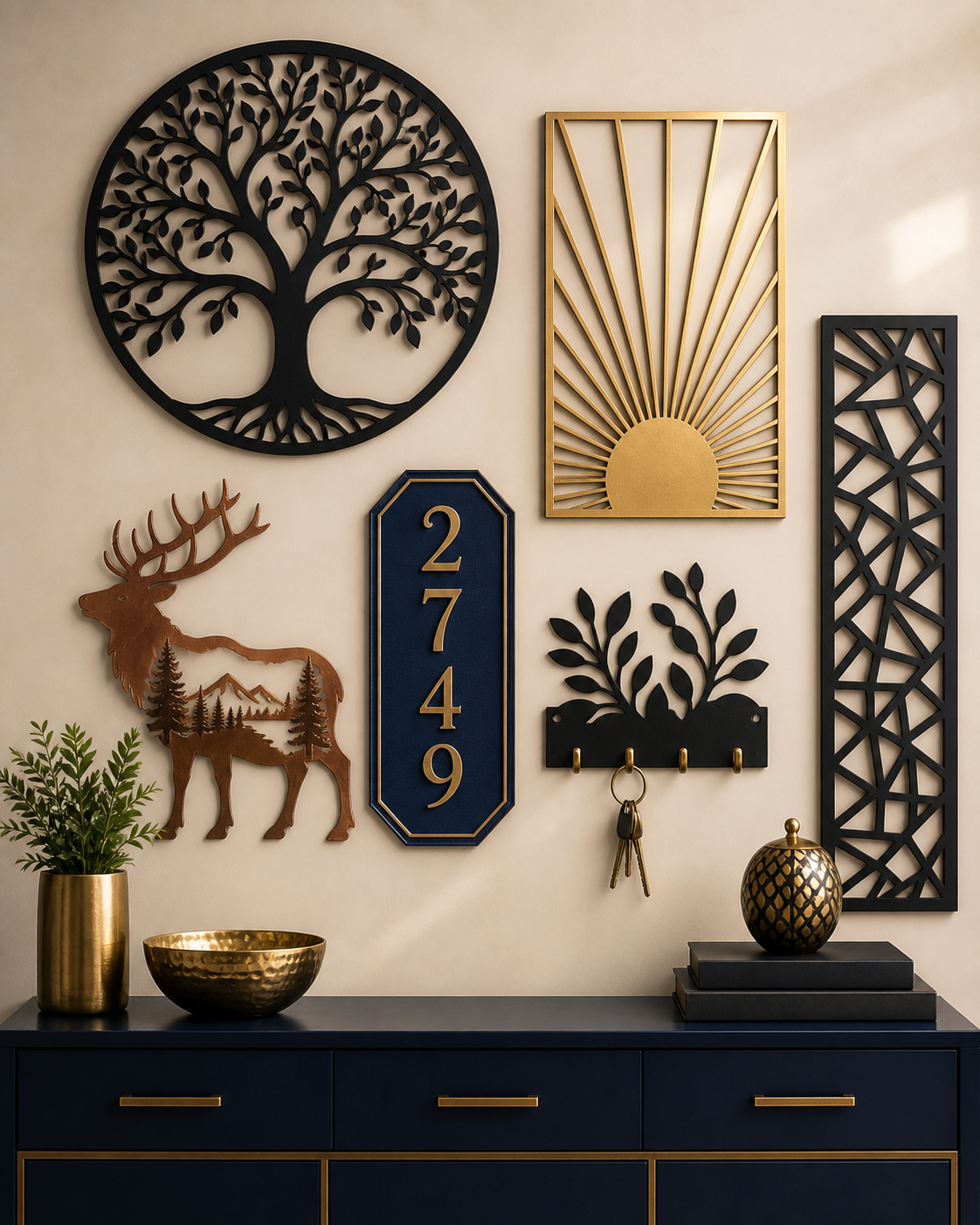 Intricate metal wall art and decorative pieces