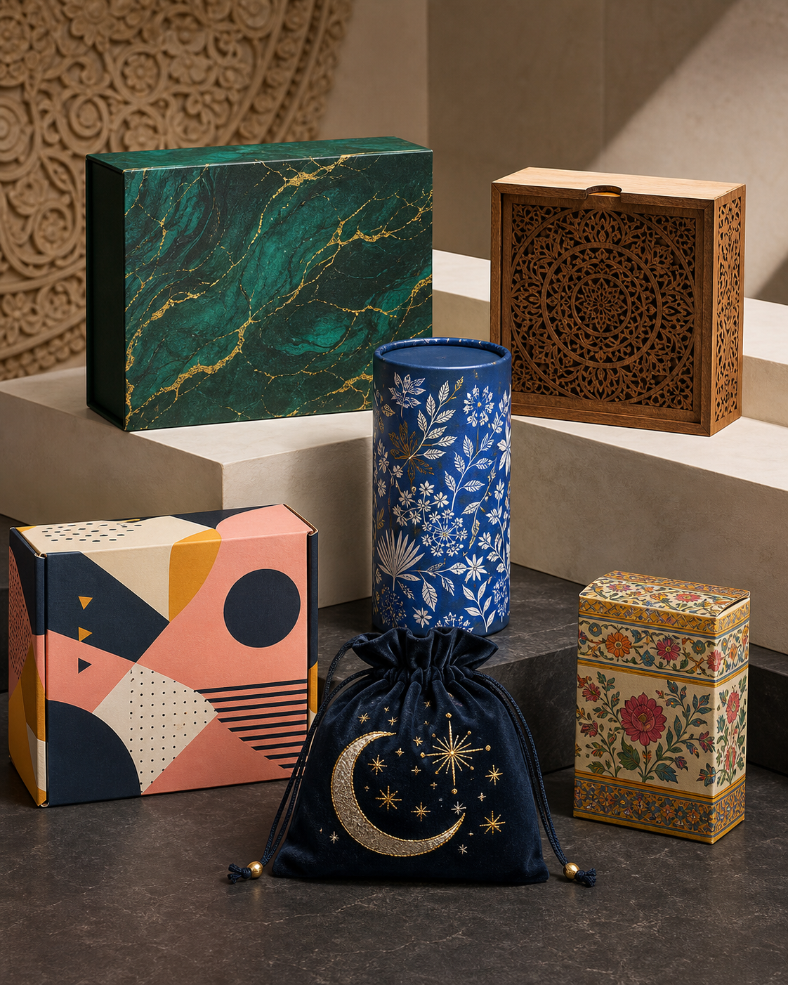Luxury printed gift boxes, wooden boxes, tubes and fabric pouches