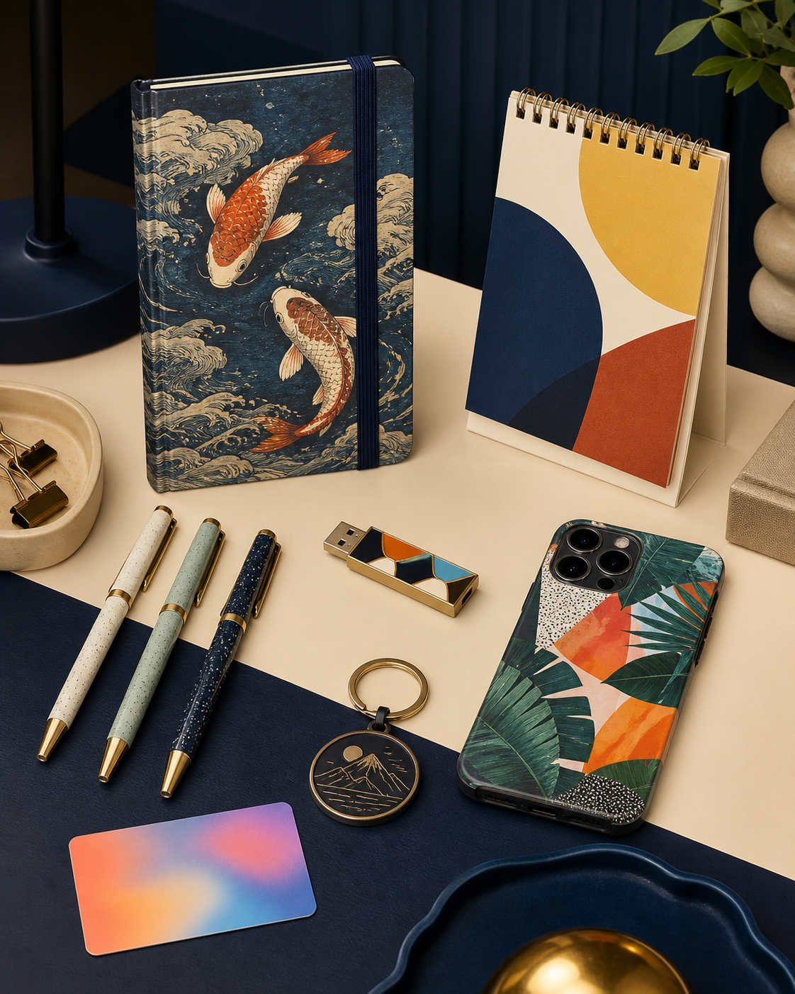 Promotional notebooks, pens, cards, USB drives and phone cases with unique designs