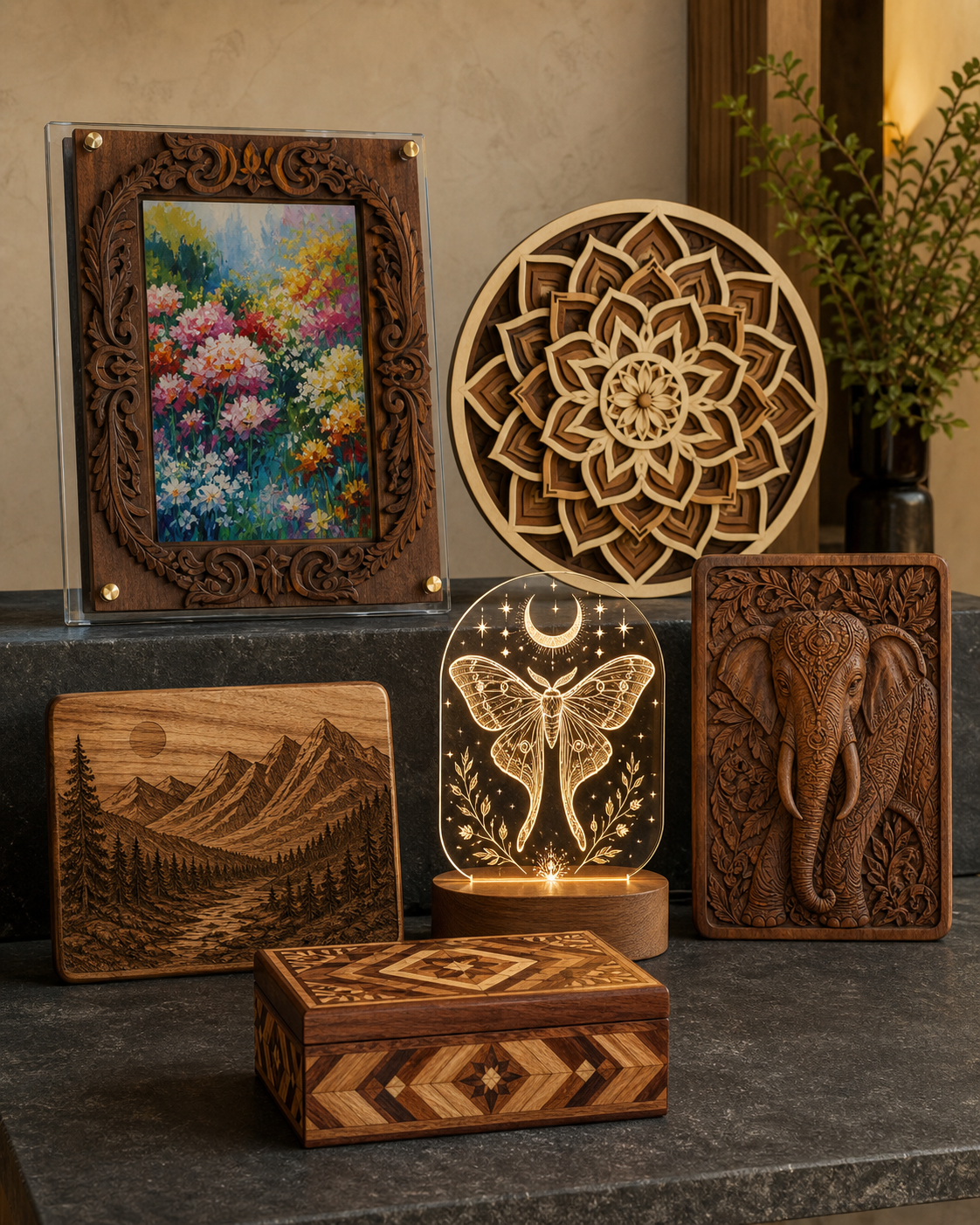Woodcraft, engraved gifts, frames and acrylic art lamps